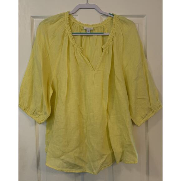 J.Jill Love Linen Sz XL Relaxed Peasant Top Yellow Lightweight Lagenlook Ruffle - Picture 2 of 11